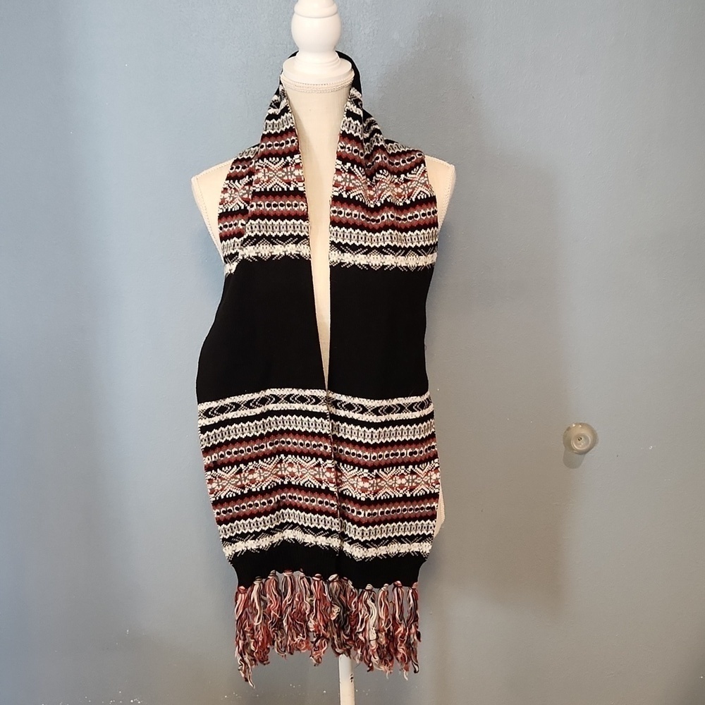 Vintage Nordic fairisle sequin beaded fringe colorblock long scarf